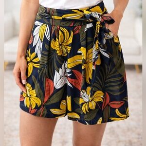 Ann Taylor Factory Tropical Print Tie Waist Shorts Navy Yellow Women Size 12
